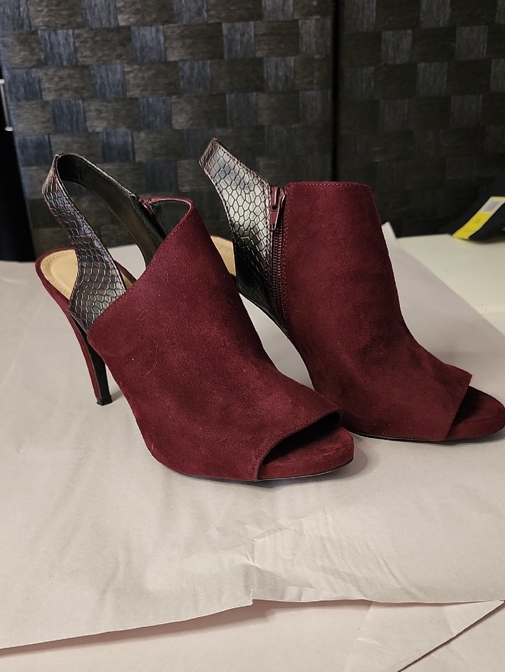 Kelly & Katie Burgundy Suede Peep-Toe Slingback Heels